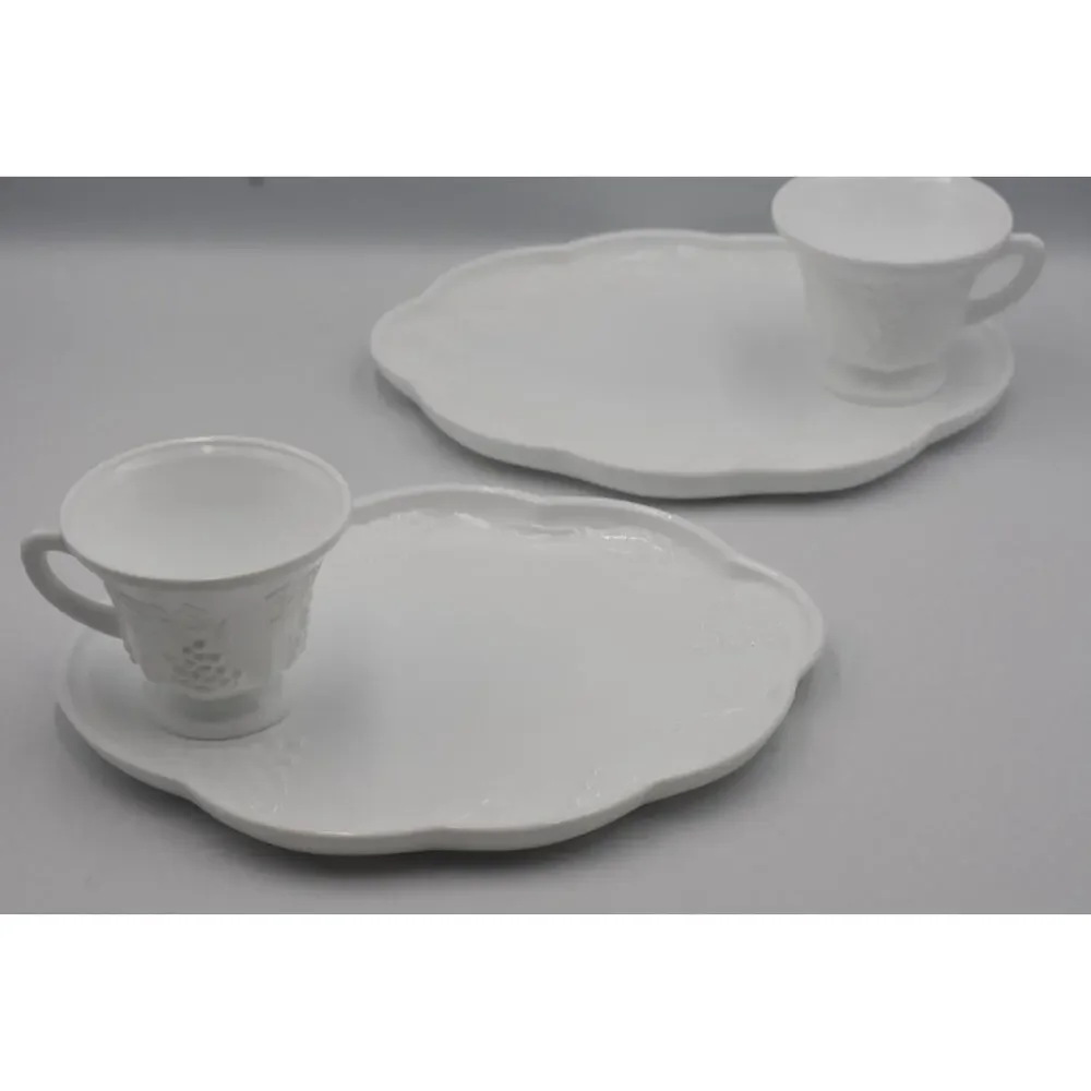 Indiana Colony White Harvest Milk Glass Grape Luncheon Snack Tray & Cup 4pc Set